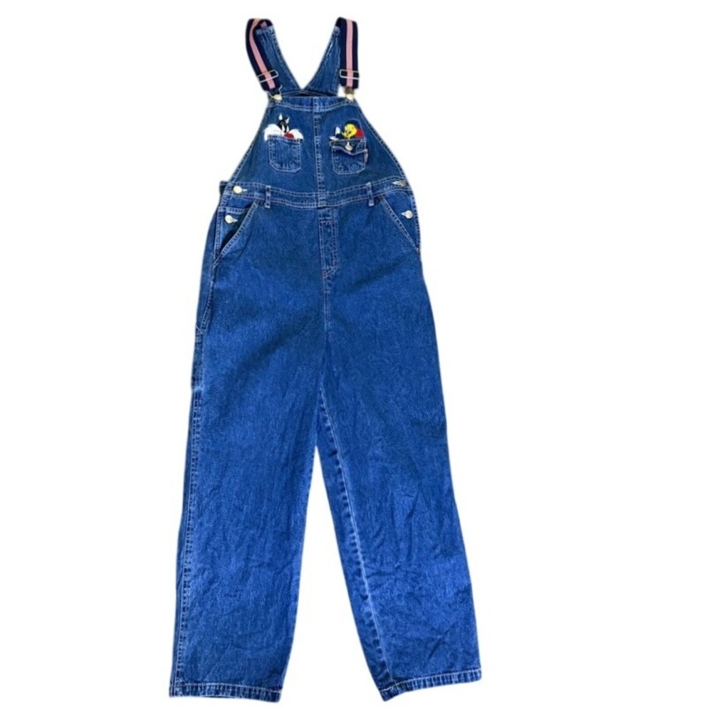 Vintage Looney Tunes Denim Overalls Tweety &‎ Sylvester Embroidered Kids Size XL